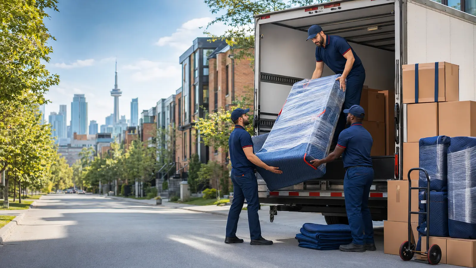 Professional movers loading wrapped furniture into a moving truck in Toronto
