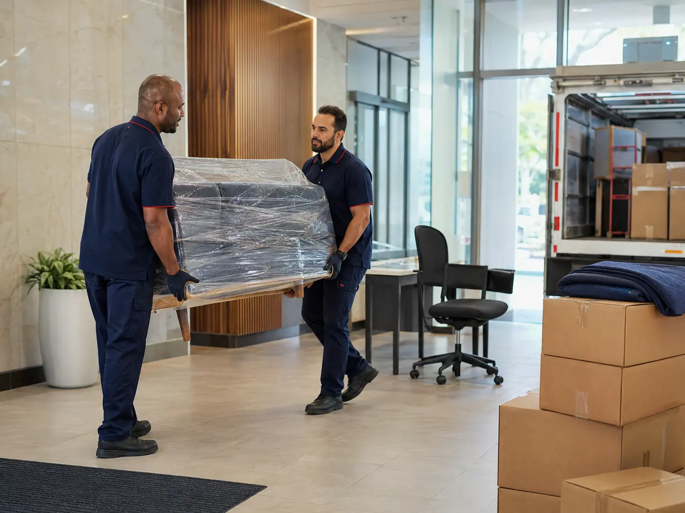 Professional movers handling protected furniture in a Toronto building